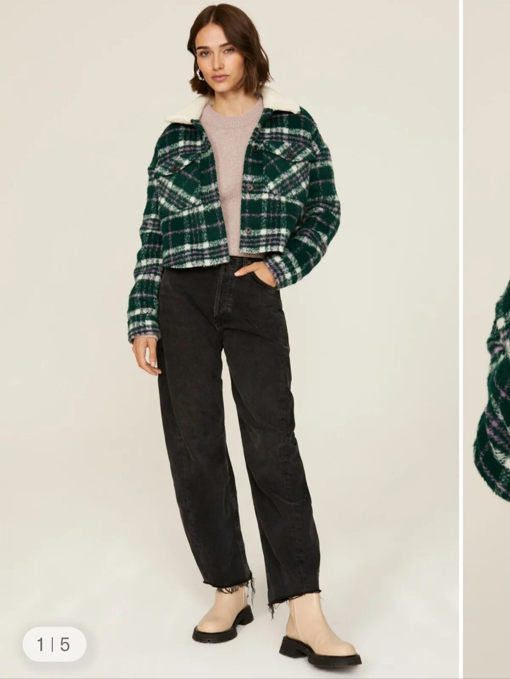 SAYLOR Plaid Teddy Jacket with Cream Collar